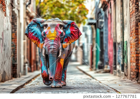 Colorful painted elephant with vibrant blue, red, and yellow patterns, standing in a quiet urban alley Colorful painted elephant with vibrant blue, red, and yellow patterns, standing in a quiet urban alley 127767781