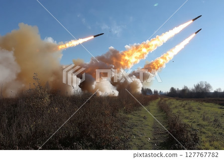 Launch of a ballistic missile. Modern offensive weapons. Launch of a ballistic missile. Modern offensive weapons. 127767782