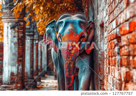Colorful painted elephant with vibrant blue, red, and yellow patterns, standing in a quiet urban alley 127767787