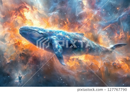 Massive cosmic whale with a glowing blue body, swimming through a galaxy 127767790