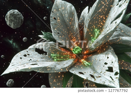 Mechanical flower with silver petals and glowing green circuits 127767792