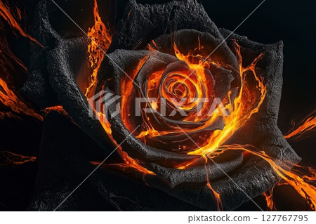 black rose with glowing, fiery orange light radiating from within each petal. black rose with glowing, fiery orange light radiating from within each petal. 127767795