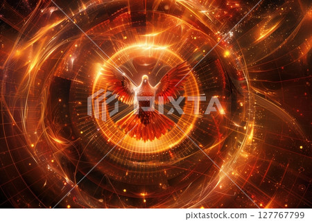 Fiery phoenix rising from a swirl of digital particles in red and orange, glowing embers Fiery phoenix rising from a swirl of digital particles in red and orange, glowing embers 127767799