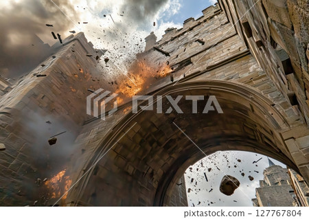 Medieval gate shattering from a stone thrown by a catapult Medieval gate shattering from a stone thrown by a catapult 127767804