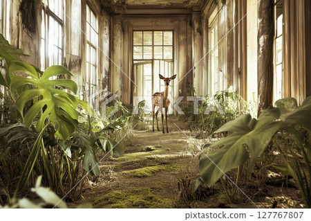 Deer. lead-covered windows. Overgrown with moss and vines. 127767807