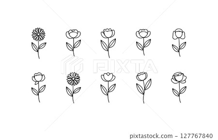 Fine Bloom Line Grid. A refined floral grid of softly sketched flowers in uniform rows, ideal for invitations, backgrounds, and textiles. Fine Bloom Line Grid. A refined floral grid of softly sketched flowers in uniform rows, ideal for invitations, backgrounds, and textiles. 127767840