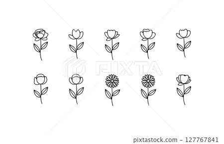 Fine Bloom Line Grid. A refined floral grid of softly sketched flowers in uniform rows, ideal for invitations, backgrounds, and textiles. 127767841