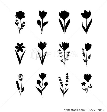 Bold Wild Bloom Grid. A powerful square layout of filled wildflowers with sharp silhouettes, designed for modern prints and branding assets. Bold Wild Bloom Grid. A powerful square layout of filled wildflowers with sharp silhouettes, designed for modern prints and branding assets. 127767842