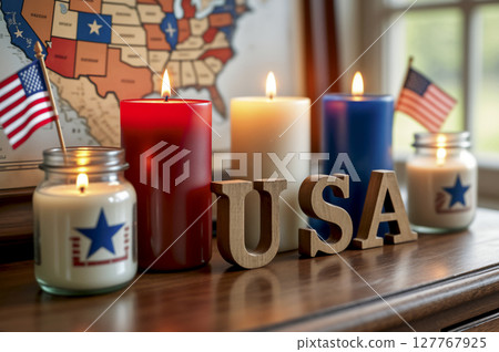Patriotic memorial scene with USA candles and American flags. AI generated Patriotic memorial scene with USA candles and American flags. AI generated 127767925