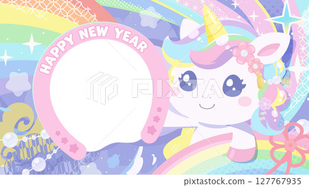 Cute unicorn New Year's card for the Year of the Horse with a photo_16:9 Cute unicorn New Year's card for the Year of the Horse with a photo_16:9 127767935