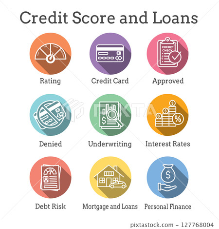 Credit Score and Loans Icon Set with Approved Credit Underwriting Interest Rates Debt Mortgage Refinance 127768004