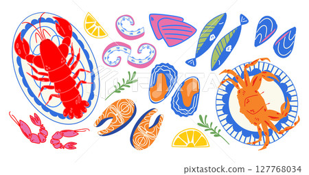 Seafood cartoon illustration set. Crab, lobster, fish, octopus. Mediterranean food. Seafood cartoon illustration set. Crab, lobster, fish, octopus. Mediterranean food. 127768034