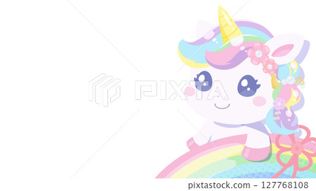 Illustration of a cute unicorn wearing a Japanese-style hair accessory_16:9 Illustration of a cute unicorn wearing a Japanese-style hair accessory_16:9 127768108