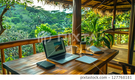 Tranquil tropical workspace with laptop and notebooks on wooden table 127768181