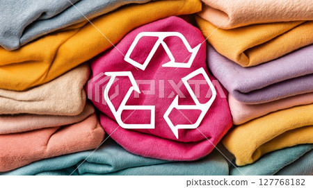 Colorful recycled textiles with recycling symbol in center 127768182