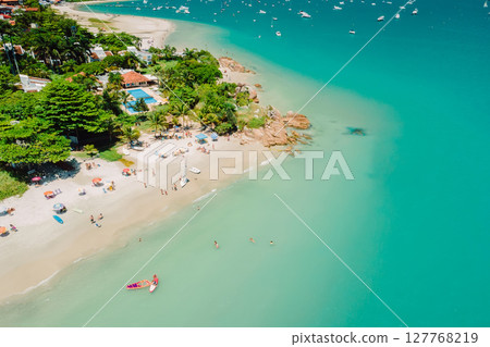Holiday beach with villas and turquoise sea in Brazil. Aerial view 127768219