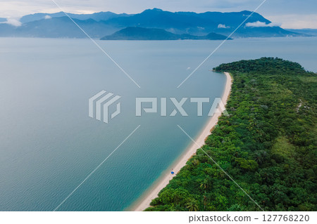 Beach with sea, mountains and cloudy sky in Florianopolis, Brazil. Aerial view 127768220