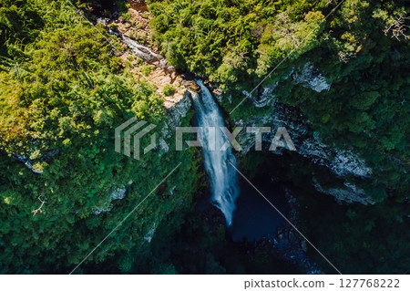 Drone view of a stunning waterfall plunging into a jungle canyon surrounded by lush green forest. 127768222