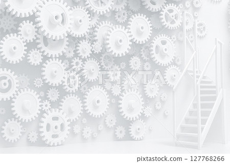 A white room with lots of gears and stairs A white room with lots of gears and stairs 127768266