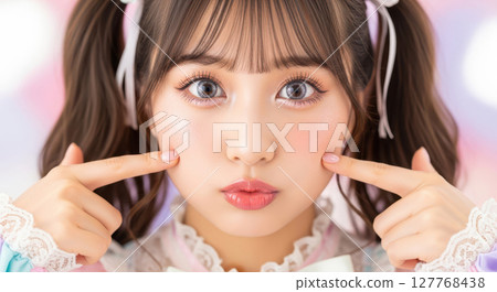 一個可愛的女孩指著她的臉頰（AI 生成的圖像） 127768438