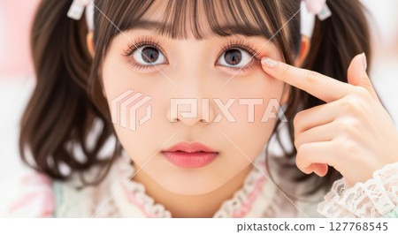 Portrait of a young woman with dewy eyes and subtle glittery eye makeup (AI-generated image) 127768545