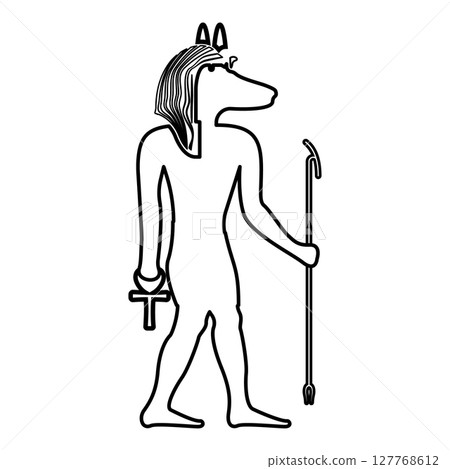 Anubis deity with jackal head ancient Egyptian god holds staff and anch cross silhouette mythical contour outline line icon black color vector illustration image thin flat style 127768612