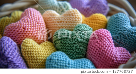 Handcrafted knitted hearts in rainbow hues tumble from a natural fiber basket, ideal for yarn craft promotions Handcrafted knitted hearts in rainbow hues tumble from a natural fiber basket, ideal for yarn craft promotions 127768727