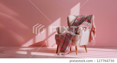 Minimalist interior scene, white armchair, baby pink blanket on airy pastel background. horizontal banner, copy space, free space for text 127768730