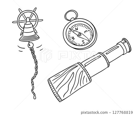Set of nautical items including ship bell, compass, and spyglass drawn in hand sketched style Set of nautical items including ship bell, compass, and spyglass drawn in hand sketched style 127768819
