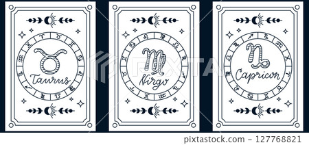 Minimalistic tarot-style cards showing zodiac signs Taurus, Virgo, and Capricorn with celestial elements Minimalistic tarot-style cards showing zodiac signs Taurus, Virgo, and Capricorn with celestial elements 127768821
