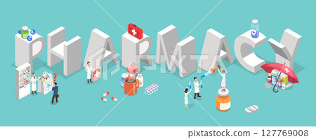 3D Isometric Flat Vector Illustration of Pharmaceutical Business, Characters In Pharmacy Banner For Drug Store Industry. 127769008