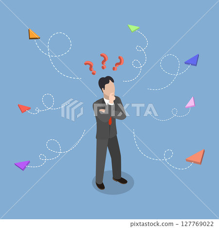 3D Isometric Flat Vector Illustration of Dilemma, Man Lost And Facing Conflicting Directions. 127769022