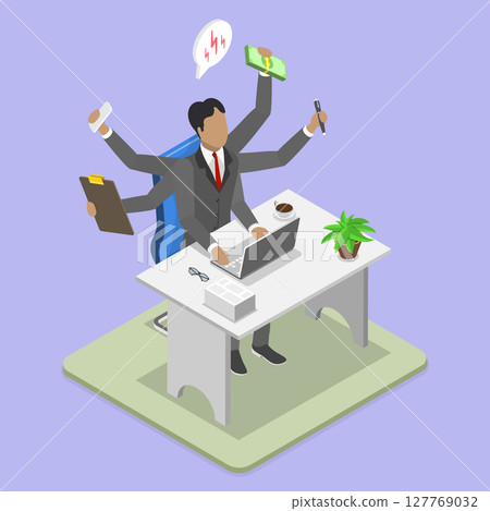 3D Isometric Flat Vector Illustration of Overworked Entrepreneur with Emotional Burnout, Balancing Work And Personal Life 3D Isometric Flat Vector Illustration of Overworked Entrepreneur with Emotional Burnout, Balancing Work And Personal Life 127769032