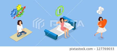 3D Isometric Flat Vector Illustration of Harmony and Relaxation, Benefits And Positive Aspects Of Transcendental Meditation 127769033