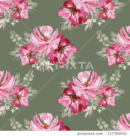watercolor pattern wildflowers illustration pink with green leaves isolated on dark 127769042