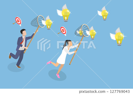 3D Isometric Flat Vector Illustration of Searching for Creativity and Innovations, Seeking To Capture And Innovate With Flying Lightbulb Ideas 127769043