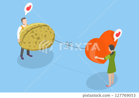 3D Isometric Flat Vector Illustration of Connection of Mind and Heart, Seeking Equilibrium, Holding Heart And Brain In Hands 127769053