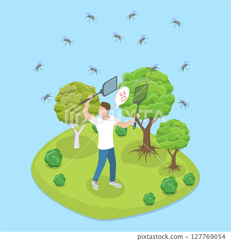 3D Isometric Flat Vector Illustration of Fight Against Insects, Using Fly Swatters To Eliminate Mosquitos And Flies 127769054