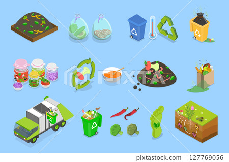 3D Isometric Flat Vector Illustration of Organic Disposal, Recycling Food Waste And Kitchen Scraps In Compost Collection Program 3D Isometric Flat Vector Illustration of Organic Disposal, Recycling Food Waste And Kitchen Scraps In Compost Collection Program 127769056