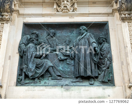 Berlin.Germany.06.25.2025 Bronze relief at the Humboldt University in Berlin: a  127769062