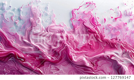 Vibrant abstract artwork featuring pink and magenta tones flowing dynamically on a light background. 127769147