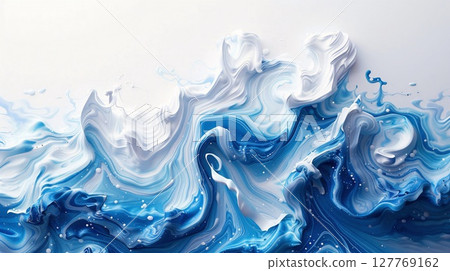 Light abstract artwork with flowing blue and white brushstrokes imitating water and wave movement in an airy composition on a white background. Generative AI 127769162