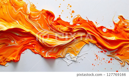 A vivid abstract artwork with warm orange, yellow, and white paint strokes creating a fire- or lava-like effect, enriched with dynamic splashes and flowing motion. Generative AI 127769166