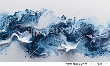 Abstract painting with flowing strokes of dark blue, navy, and white paint, resembling a dynamic ocean wave across a light background. Generative AI Abstract painting with flowing strokes of dark blue, navy, and white paint, resembling a dynamic ocean wave across a light background. Generative AI 127769183