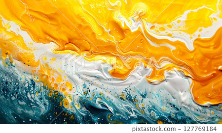 Abstract wave of yellow, white, and turquoise paint strokes. Generative AI 127769184