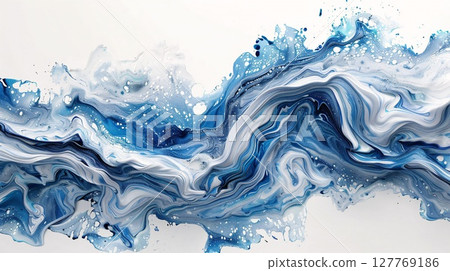 Contemporary abstract artwork featuring a flowing wave of blue and white paint strokes with bubble textures on a light background. Generative AI Contemporary abstract artwork featuring a flowing wave of blue and white paint strokes with bubble textures on a light background. Generative AI 127769186
