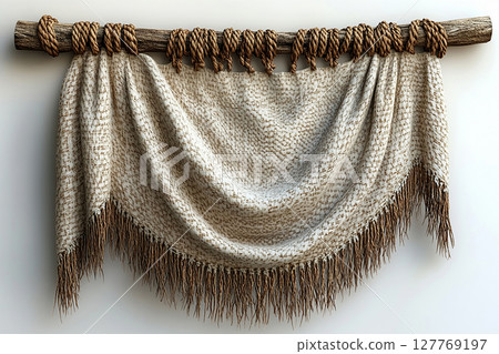 Fabric wall hanging on a white background. Boho-chic style. Fabric wall hanging on a white background. Boho-chic style. 127769197