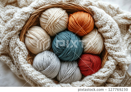 Top view. Craft influencer vibe. Warm-toned yarns skeins and knitting needles in a wicker basket on a white background. Top view. Craft influencer vibe. Warm-toned yarns skeins and knitting needles in a wicker basket on a white background. 127769230