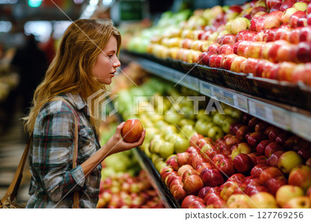 Woman Choosing Fresh Apples in a Grocery Store Produce Aisle. 127769256