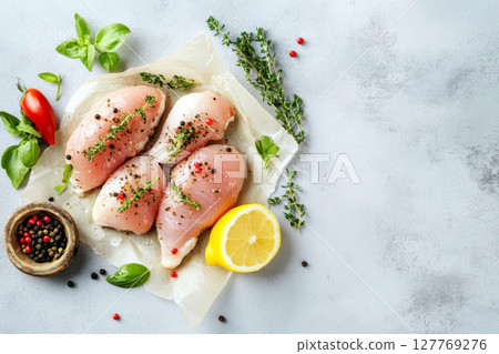 Fresh Raw Chicken Breasts Seasoned with Herbs on a Light Background. 127769276